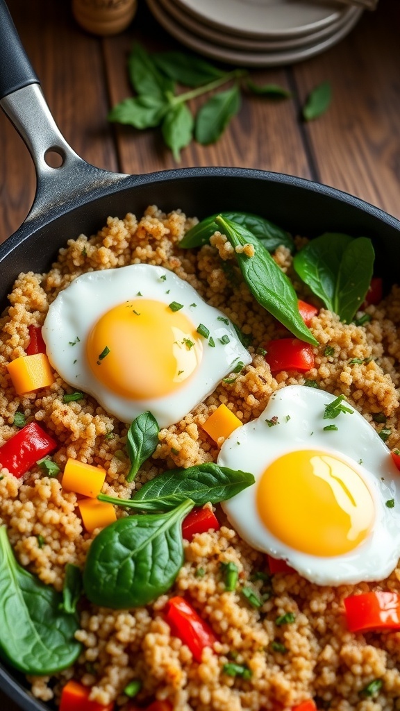 A quinoa breakfast skillet with vegetables and eggs, garnished with herbs on a wooden table.